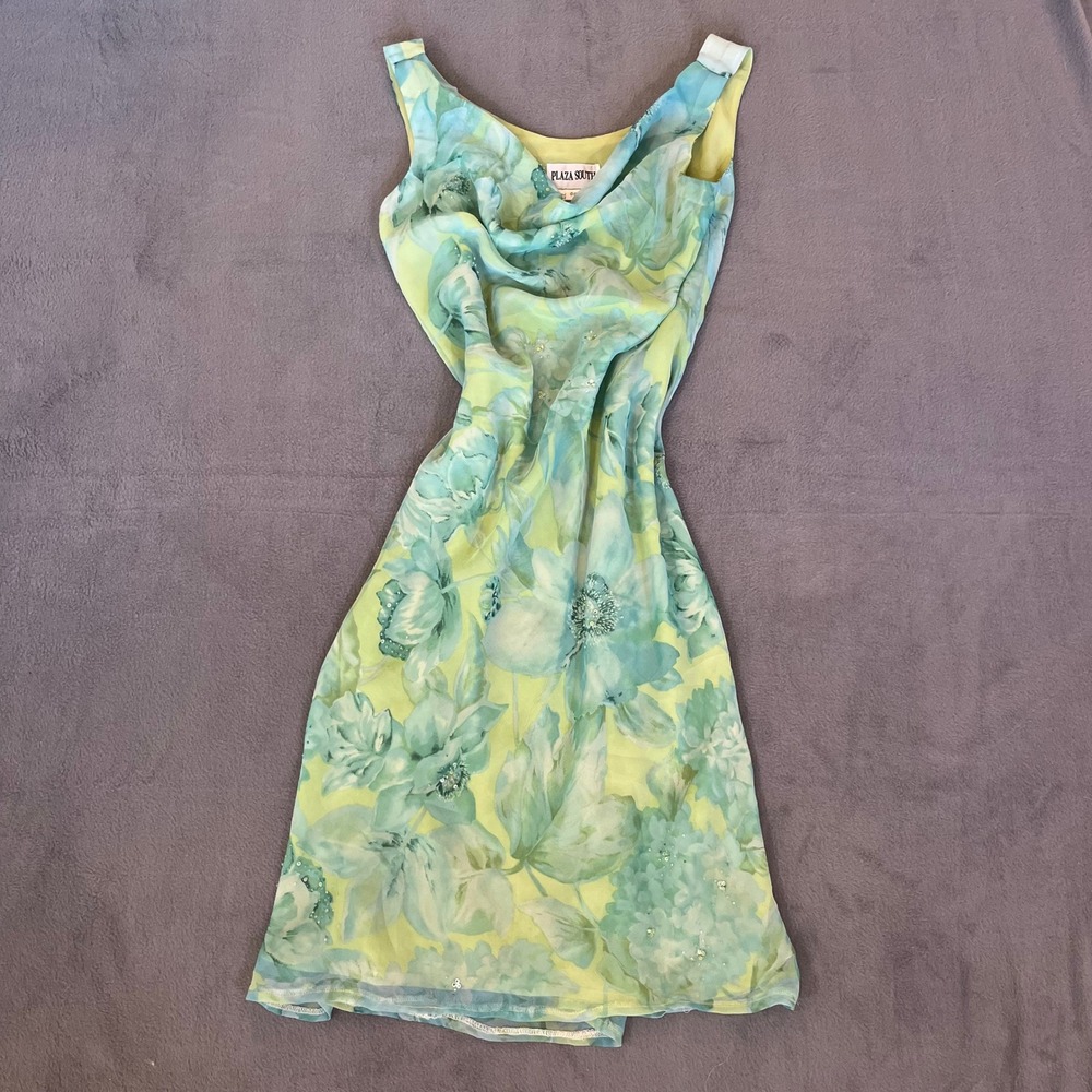 Y2K Beaded Sequin Blue Green Floral Strapless Dress Size 6 Fairy Coquette‎